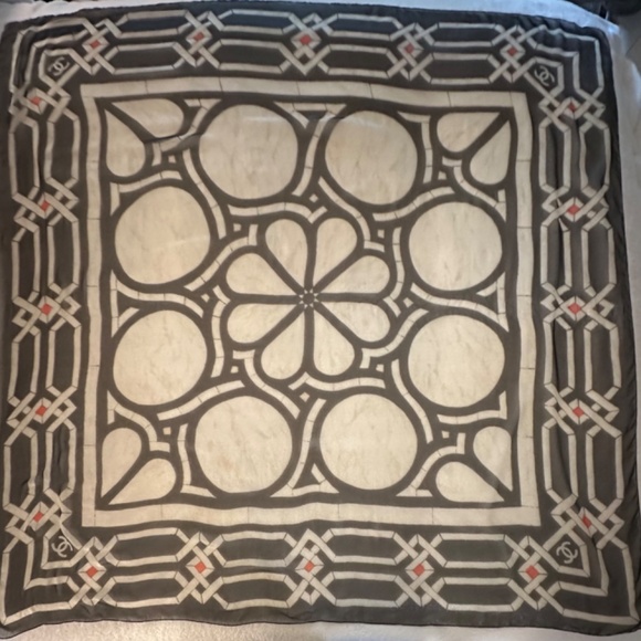 CHANEL Metallic Black & Cream Print Sheer Silk Scarf in Chanel Gift Box - Picture 4 of 16
